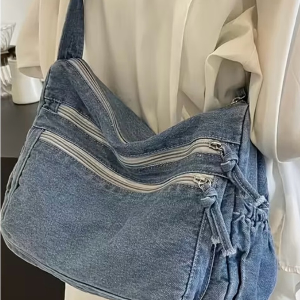 Vintage-Inspired Denim Shoulder Bag with Multiple Zippers - Picture 2 of 2